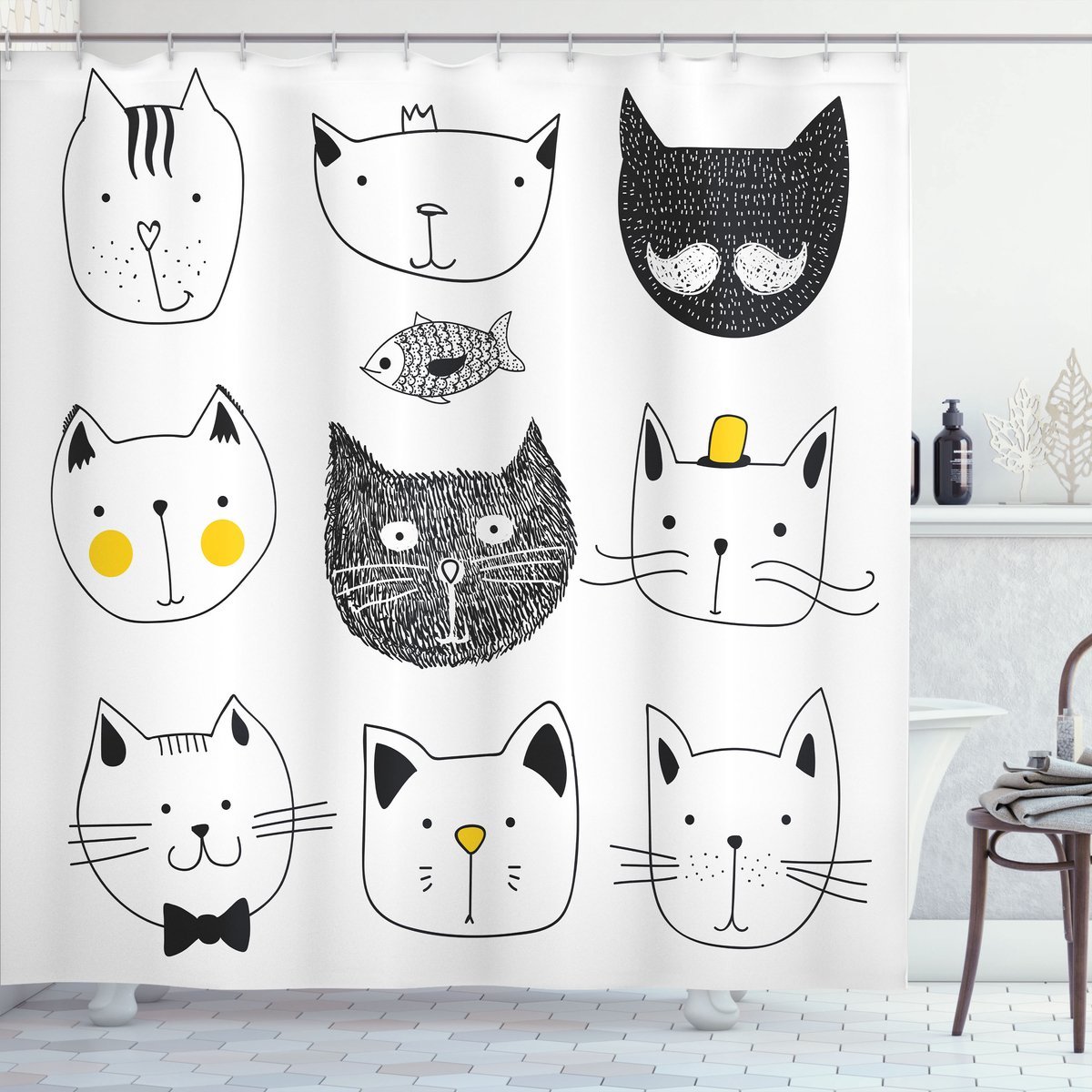 ABAKUHAUS Kat Douchegordijn, Katten met Vis, Stoffen Badkamerdecoratieset met Haken, 175 x 200 cm, Geel Grijs