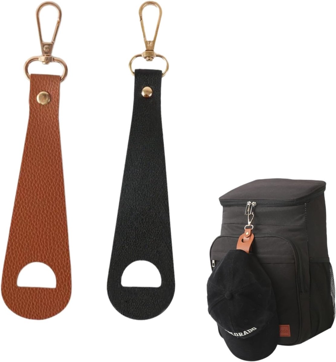 2 multifunctionele hoedklemmen van PU-leer voor rugzak, handtas en bagage, met goudkleurige draaibare sluiting, voor reizen, wandelen en buiten (zwart + bruin)