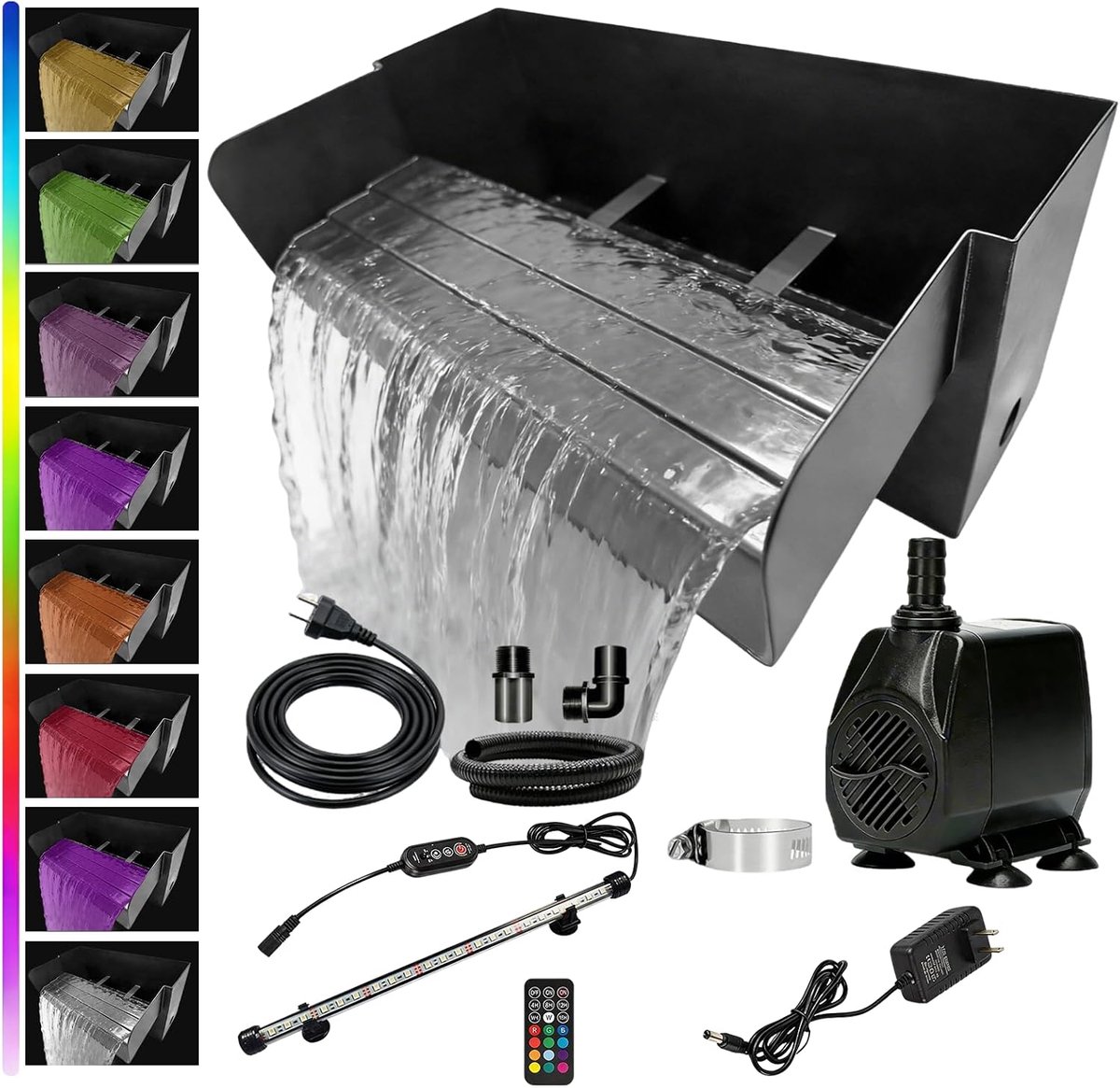 waterval voor tuinvijver, 30 cm, roestvrij staal, vijverwatervalset met ledlicht, tuinvijver, fontein, 45 W, 3000 l/u, met waterval, decoratie, tuin, vijver, waterspel, patio, terras