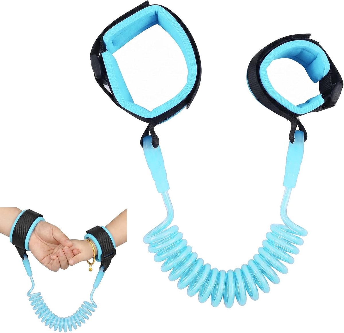 1,5 m, anti-verlies-armband voor kinderen, met 360 graden rotatie, babyharnas voor veilig lopen buitenshuis, elastische kinderveiligheidsband, zwart en blauw