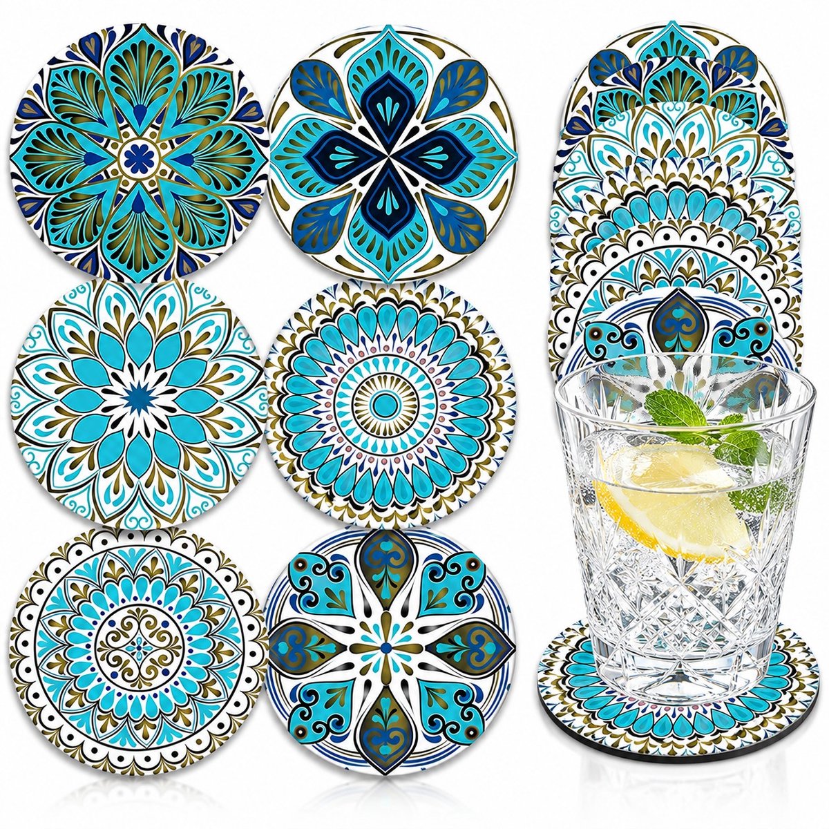 Mandala Onderzetters - 6 stuks - Hout - Onderzetters - Bohemian - turquoise - Coasters - Onderzetters glazen - Houten onderzetters - Onderzetters voor glazen - Onderleggers voor glazen of Kopjes - Verjaardagscadeau - Moederdag - Vaderdag - Cadeau
