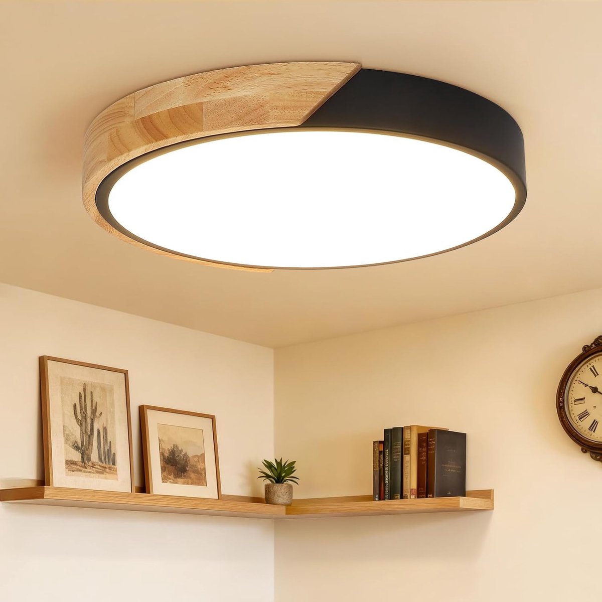24W Moderne Houten Plafondlamp, φ30cm Ronde LED-Plafondlamp Zwart
