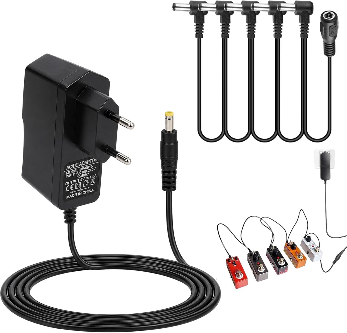 9 V 1,5 A voeding voor gitaarpedalen met 5-voudige Daisy Chain-kabel - centrale positieve klem DC-stekker 2,1 mm voor Boss Zoom Behringer DigiTech effectpedalen, 100-240 V wisselstroomadapter voeding
