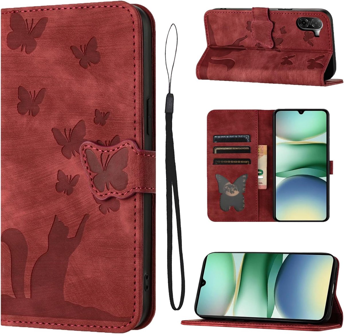 Telefoonhoes voor Xiaomi Redmi A5 4G (17,48 cm) PU Premium Leer met kaartsleuf, klaphoesje, standfunctie voor Xiaomi Redmi A5 4G, vlinderkat beschermhoes - Rood