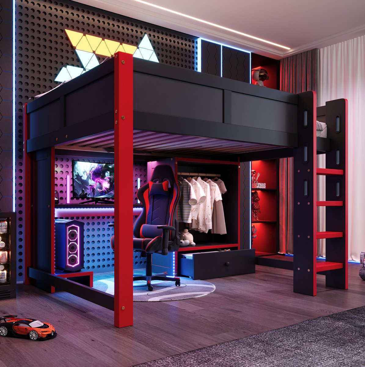 WUVRIE Hoogslaper 140x200 cm met bureau, LED-verlichting, kast en lades, zwart/rood