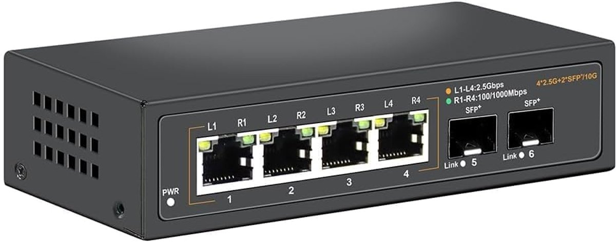 2,5G Onbeheerde Ethernet Switch met 4 x 2,5G Base-T Poorten en 2 x 10G SFP Uplink Poort, Compatibel met 100/1000/2500Mbps, Ventilatorloos Ontwerp, Plug & Play, Metalen 2,5Gb Netwerkswitch