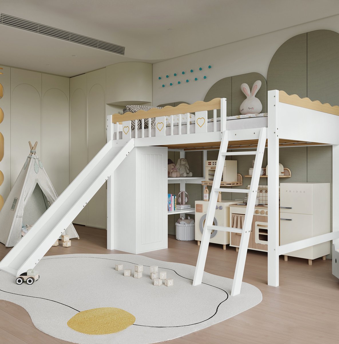 WUVRIE Hoogslaper 90x200 cm met glijbaan, kledingkast, opbergkast en ladder, wit/naturel Wit en naturel