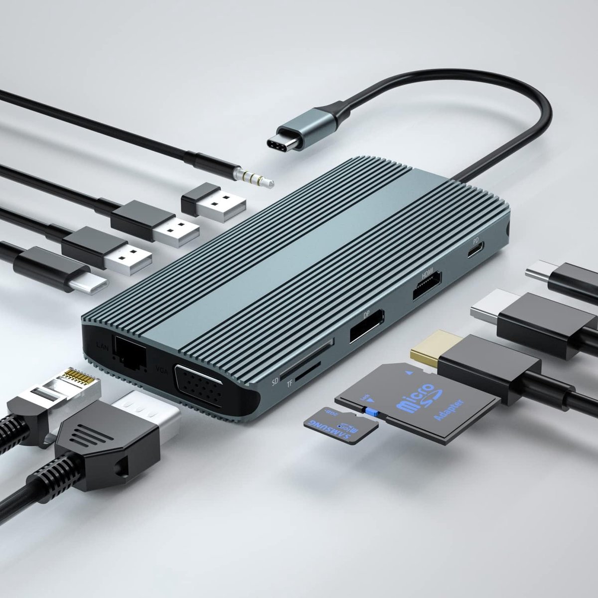 C dockingstation, 12-in-1 USB C Hub, Dual HDMI Multiport Adapter, drievoudig display, ondersteunt 4K HDMI, VAG, DP, 2 x USB 3.0 (5 Gbit/s), USB 2.0, type C, 100 W PD, TF/SD, audio