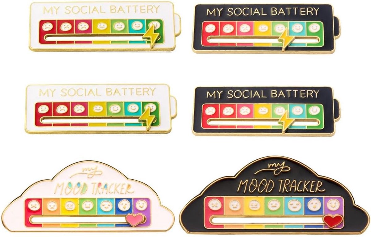 6 stuks sociale batterij pin, slider sociale batterij badge, grappige broche voor sociale stemming, My Social Battery Pin Mein Slider grappige emotionele emaille