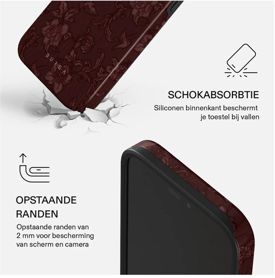 Donkerrood hoesje met bloemenpatroon toont schokabsorptie en opstaande randen van 2 mm voor extra bescherming.