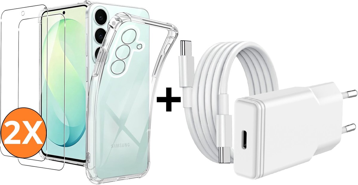 USB C Adapter 20W - USB C Snellader Met 1M USB C Kabel - Hoesje Geschikt voor Samsung Galaxy S26 FE transparant Anti Shock silicone hoesje met 2x screenprotector- Ntech COMBI-SET