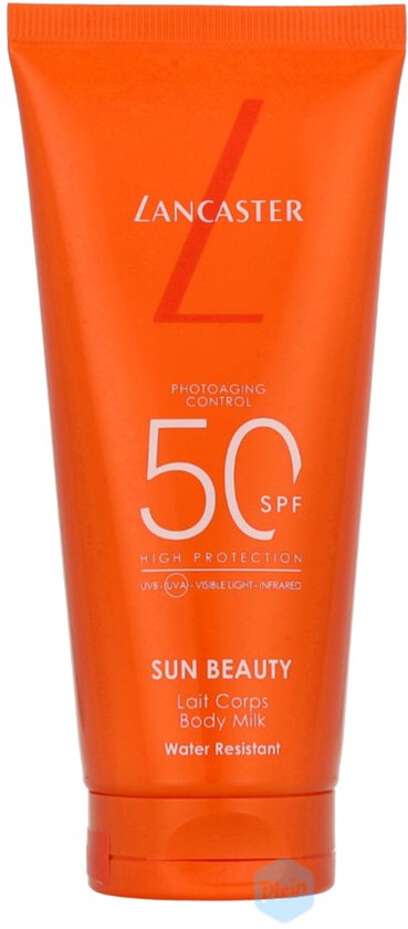 Lancaster Sun Beauty Body Milk SPF50, hoge bescherming, waterbestendig.