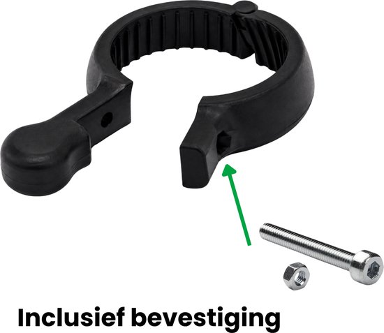 Zwarte schakelhulp met klem, inclusief bout en moer voor bevestiging.