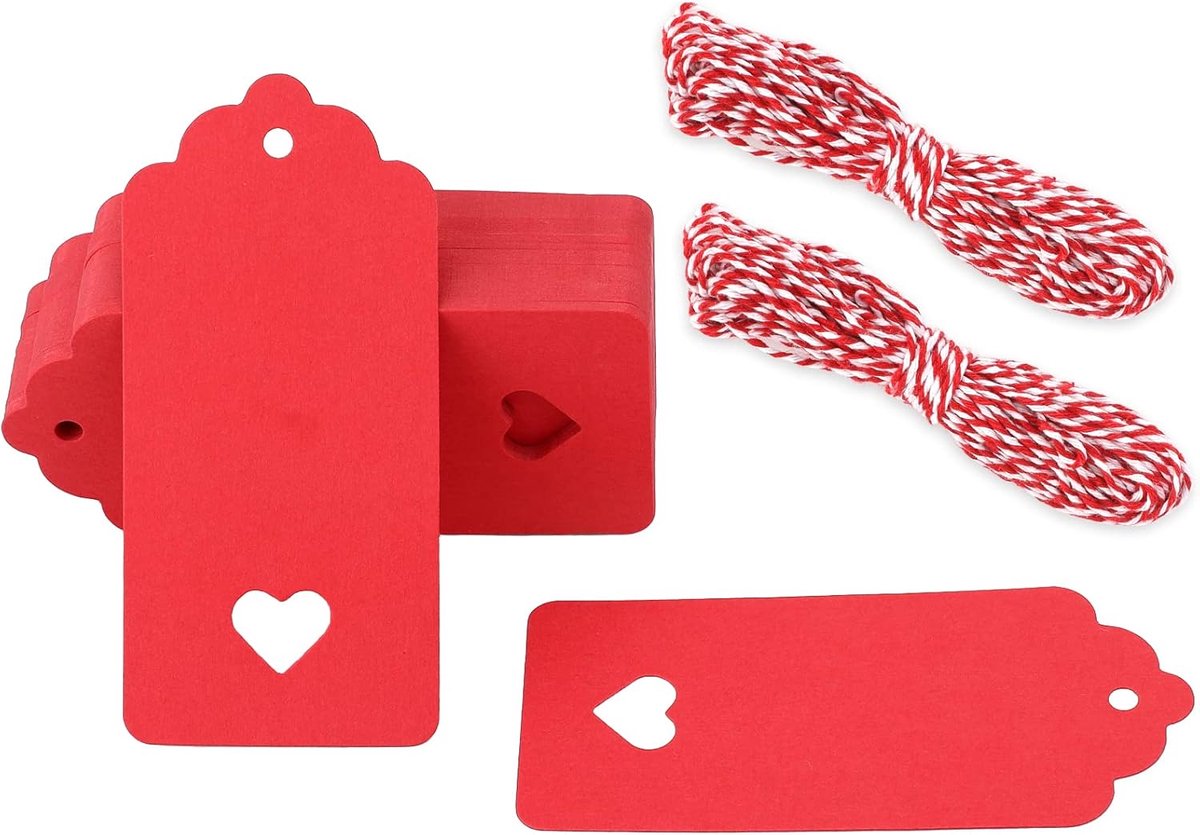 100 bruine cadeaulabels, 4,5 x 9,5 cm, kraftpapier, 300 g/m簡, hartvormige cadeaulabels met touwtje voor huwelijksgeschenken en knutselprojecten,rood
