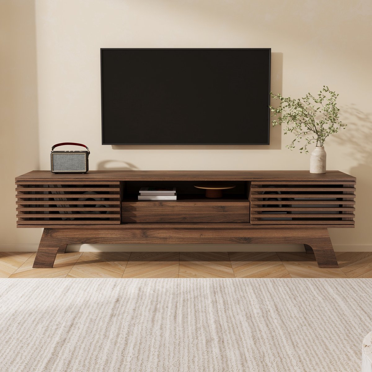 PHOEBE CAT TV-kast - MDF - Lamellendeuren - Met lades - Walnootkleurig