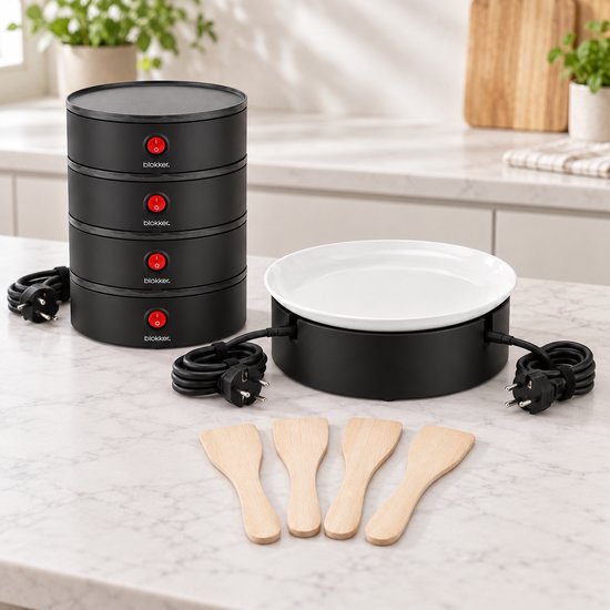 Gourmetstel voor 4 Personen - Grill & Bakplaat - inclusief Serveerschaal en 4 Spatels - Vaatwasserbestendig - PFAS-vrij - Compleet Gourmetstel - Gourmetset - Raclettegrill - Stapelbaar - 4 Individuele Bakplaten - Ø16 cm - 1200 W - Zwart — afbeelding 2