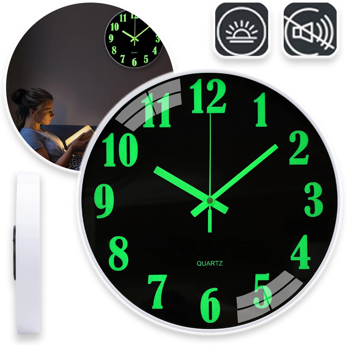 12 Inch Stille Wandklok Met Lichtgevende Wijzers – Geluidloos Uurwerk En Zeer Transparant Glas – Modern Wit Frame Met Zwarte Wijzerplaat – Ideaal Voor Thuis En Kantoor