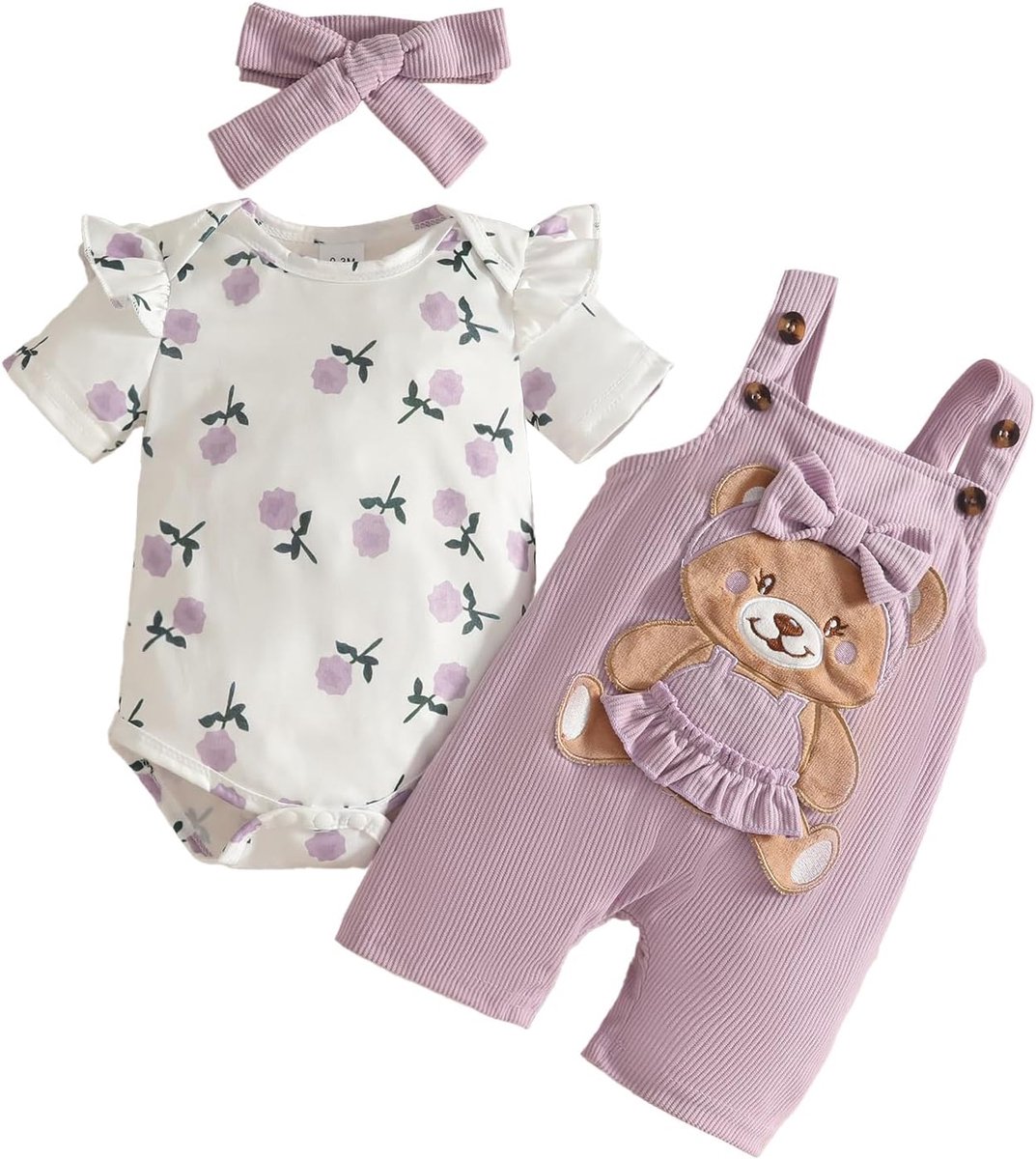 Kledingset voor babymeisjes, met bloemenbovendeel en verstelbare beren-tuinbroek