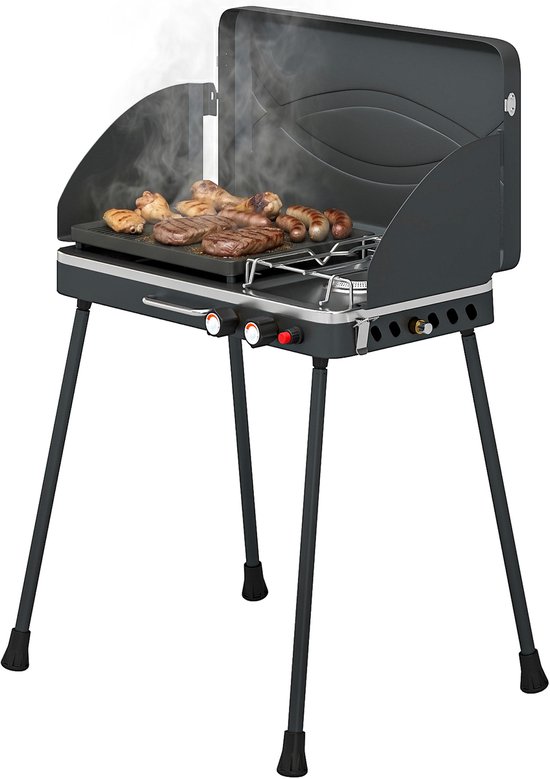 Draagbare gasgrill - 2 branders - 7 kW - 2 - in - 1 tafelgrill met braadfunctie - inklapbare poten - grillrooster - windscherm - deksel en vergrendelingsmechanisme. — afbeelding 2