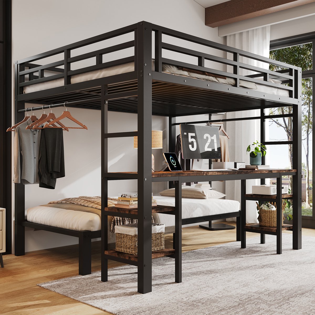 KOMHTOM Metalen bed 140 x 200 / 90 x 200 cm in zwart, stapelbed met bureau, kledingstang, ladder aan beide zijden en geïntegreerd oplaadstation Zwart+Vintage