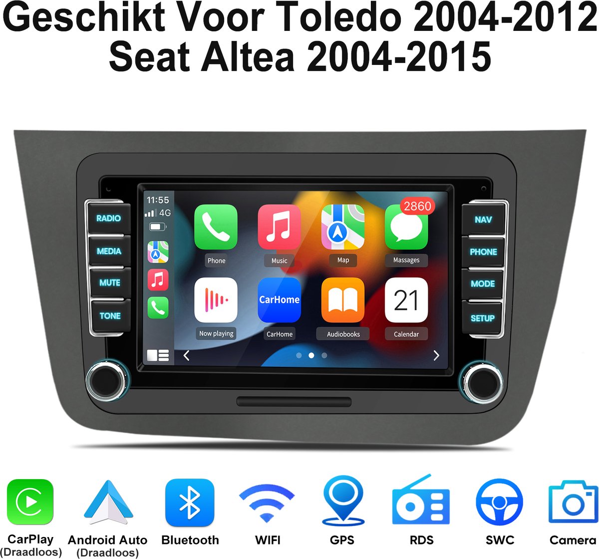 Junsun Android 15 Autoradio Geschikt voor Seat Altea XL 2004-2015 - Draadloos Carplay & Android Auto - GPS Navigatiesysteem - Bluetooth - 7 Inch Touchscreen - WiFi - RDS - USB