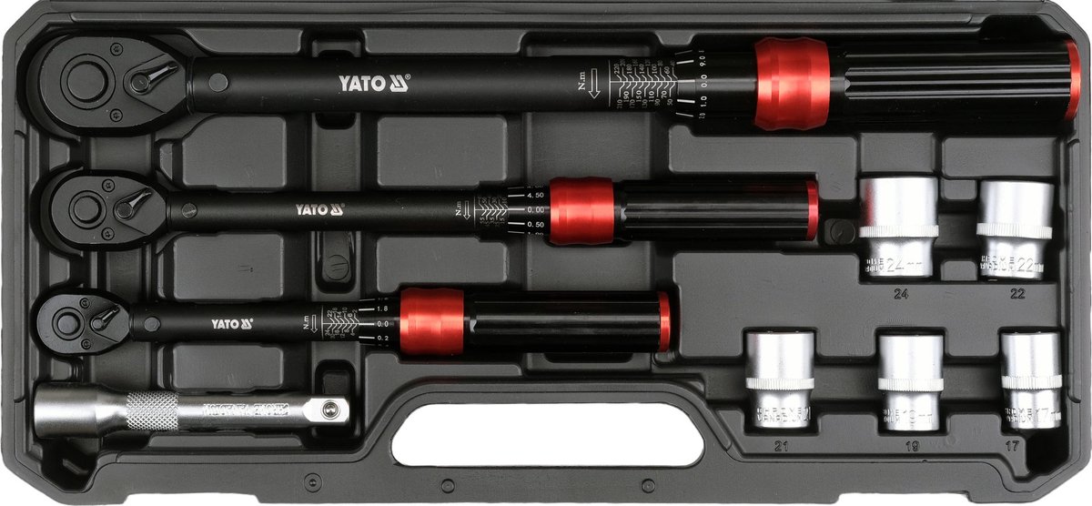 YATO Momentsleutelset - 3-Delig - 2-220 Nm - 1/4", 3/8" & 1/2" - Met 5 Doppen & Verlengstuk (YT-07716)