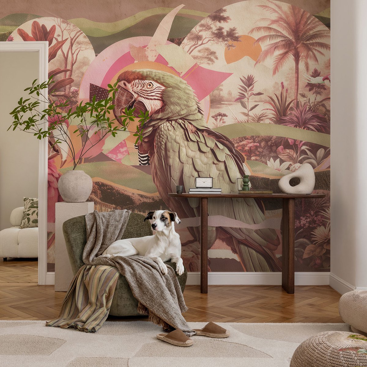 Coloray Vliesbehang - Roze Snellijm Behang - 104x70 cm - Tropische Vogels Fotobehang Vlies - Woonkamer behang Dieren - Muurschildering - Woonkamer behang