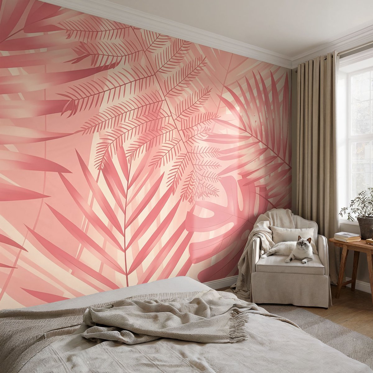 Coloray Vliesbehang - Roze Snellijm Behang - 104x70 cm - Tropische Bladeren Muurschildering - Slaapkamer behang Bloemen En Planten - Fotobehang Vlies - Gang behang