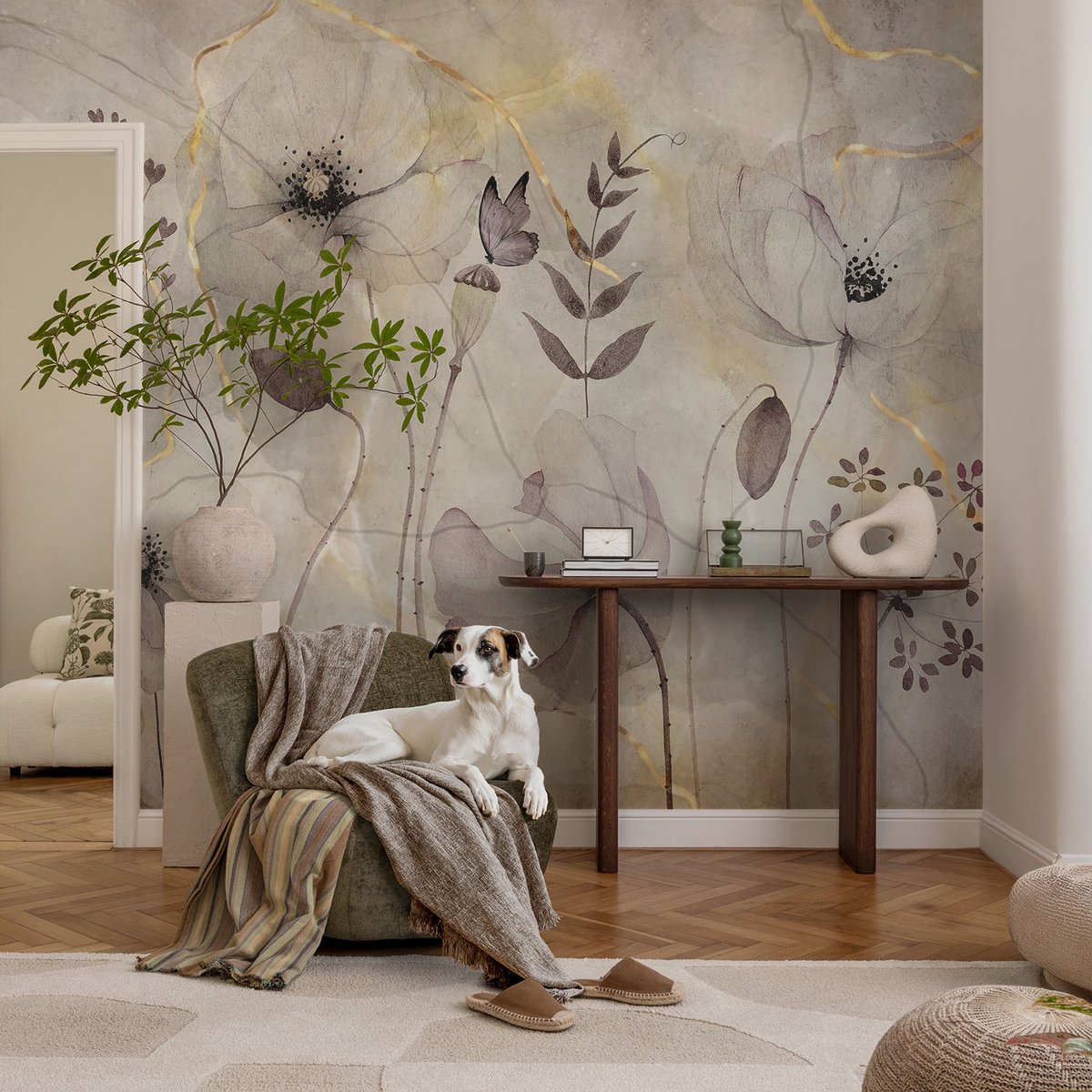 Coloray Vliesbehang - Grijs Snellijm Behang - 104x70 cm - Tere Bloemen Muurschildering - Gang behang Bloemen En Planten - Fotobehang Vlies - Gang behang