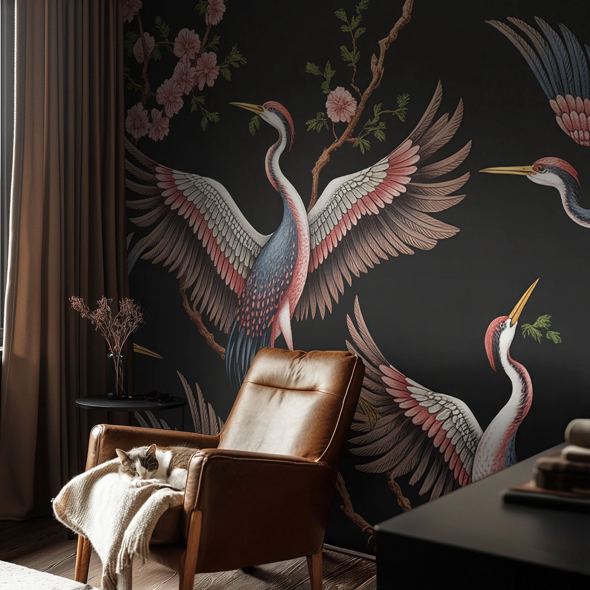 Coloray Vliesbehang - Zwart Snellijm Behang - 104x70 cm - Bloemenpatroon Fotobehang Vlies - Hal behang Dieren - Muurschildering - Woonkamer behang