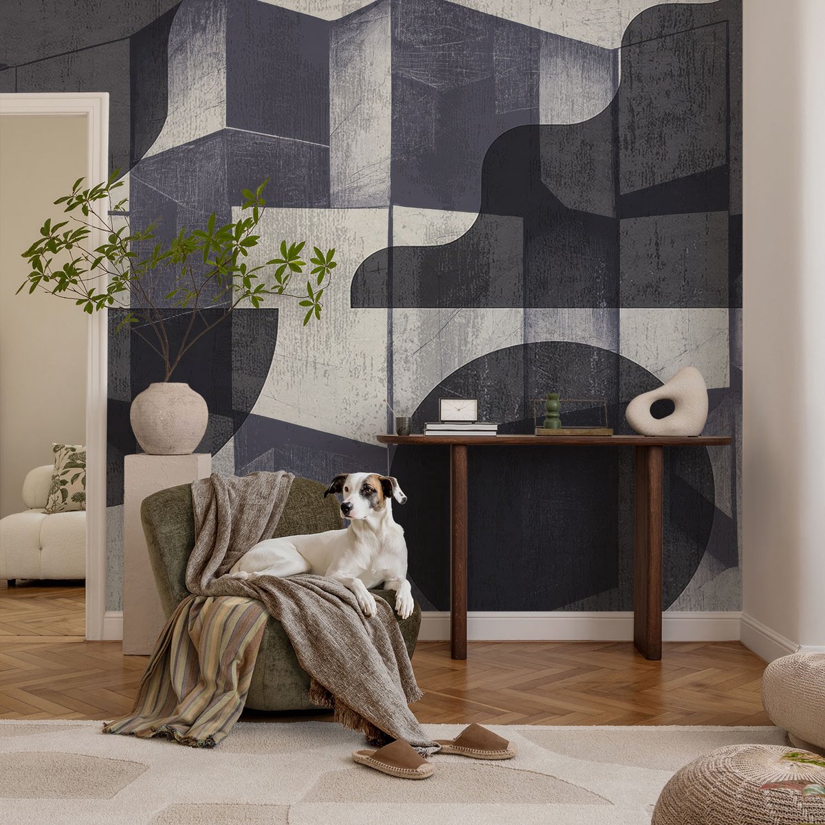 Coloray Vliesbehang - Wit Snellijm Behang - 104x70 cm - Geometrische Symmetrie Muurschildering - Gang behang Abstractie - Fotobehang Vlies - Slaapkamer behang