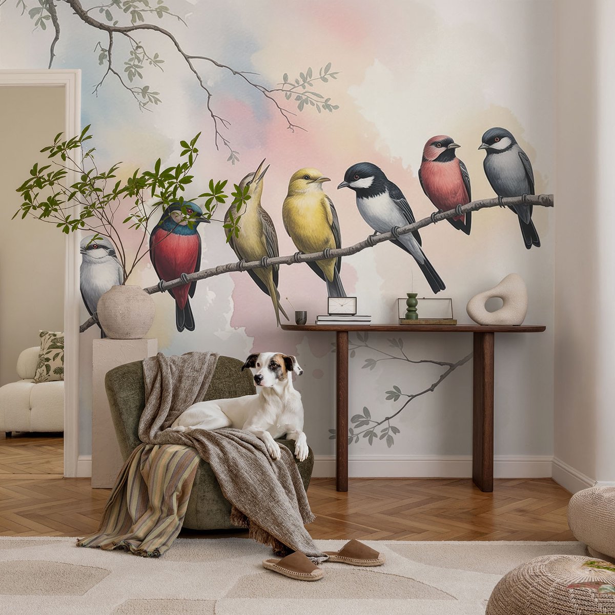 Coloray Vliesbehang - Wit Snellijm Behang - 104x70 cm - Vogels Op Een Tak Fotobehang Vlies - Woonkamer behang Bloemen En Planten - Muurschildering - Hal behang