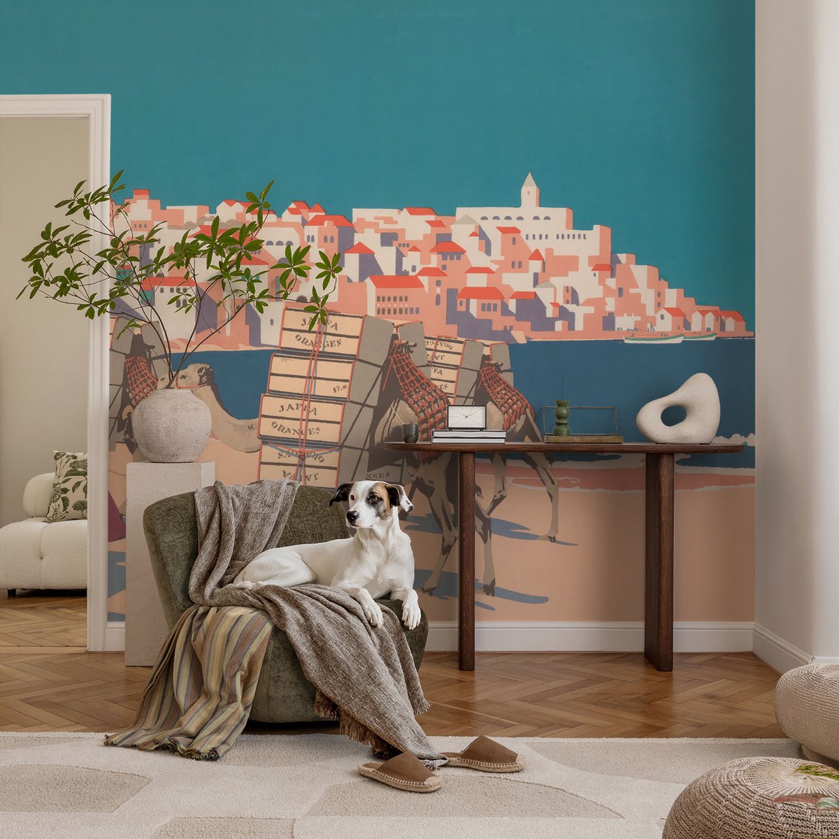 Coloray Vliesbehang - Turkoois Snellijm Behang - 104x70 cm - Kamelenkaravaan Fotobehang Vlies - Hal behang Steden - Muurschildering - Woonkamer behang