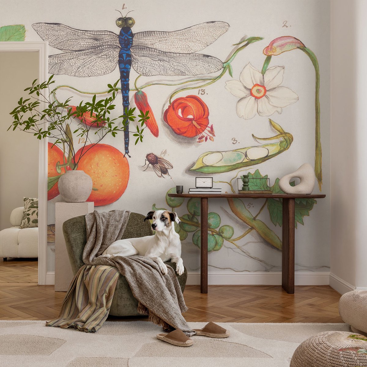 Coloray Vliesbehang - Wit Snellijm Behang - 104x70 cm - Natuurillustratie Muurschildering - Gang behang Bloemen En Planten - Fotobehang Vlies - Slaapkamer behang