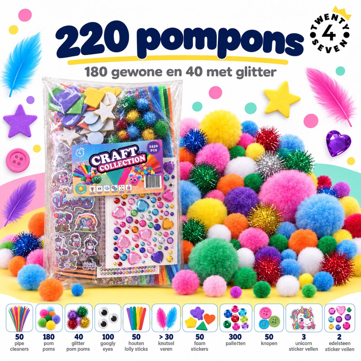 Twenty4seven® Knutselset 1450 Delig - Knutselpakket met Pompons, Pailletten en Stickervellen - Knutselen voor Meisjes en Jongens vanaf 5 Jaar - Speelgoed en Cadeau — afbeelding 7