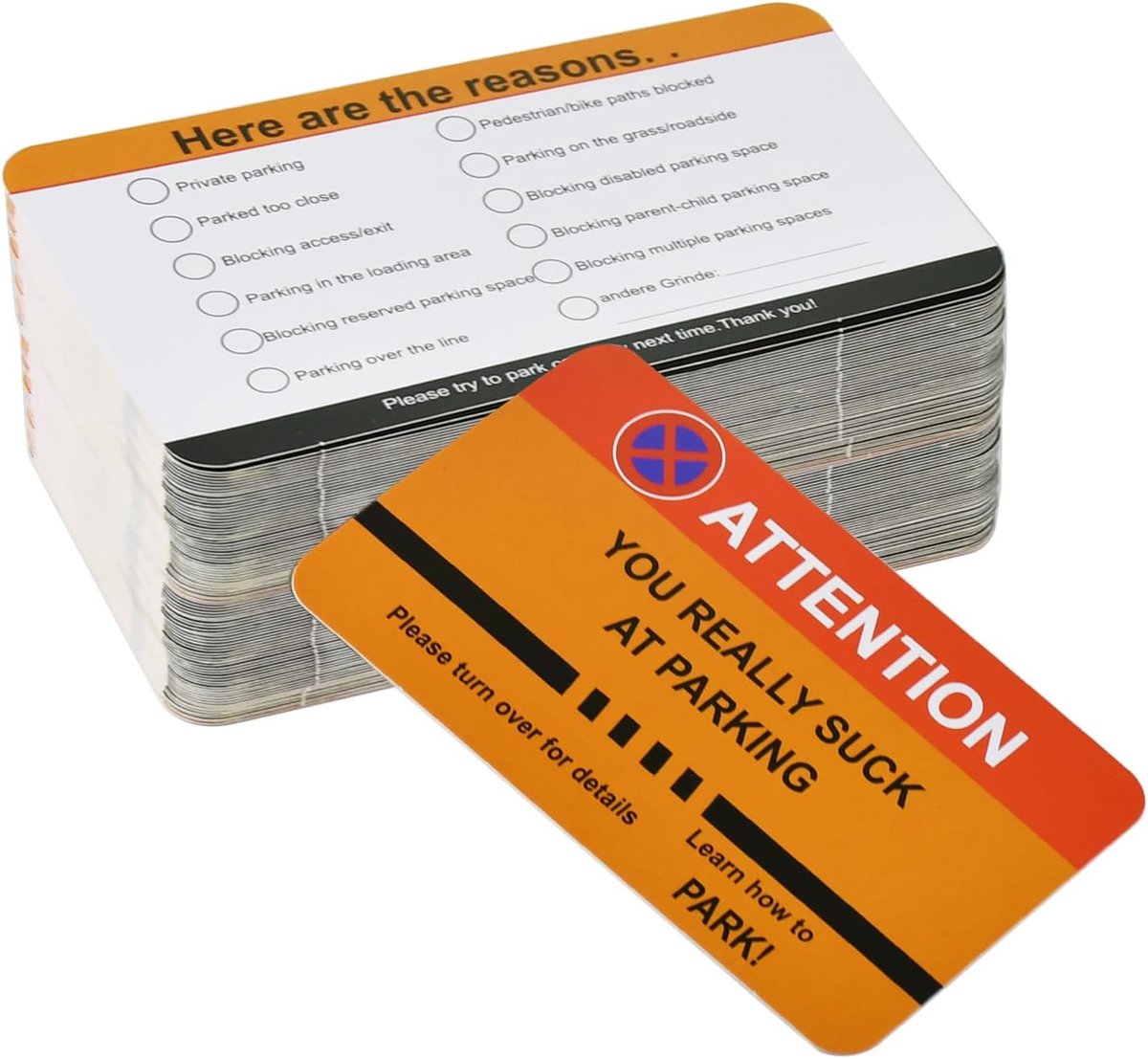 Badparkeerkaarten, 100 stuks grappige slechte parkeerkaarten, waarschuwingsbord voor parkeerkaarten, 9 × 5 cm (Engelse versie)