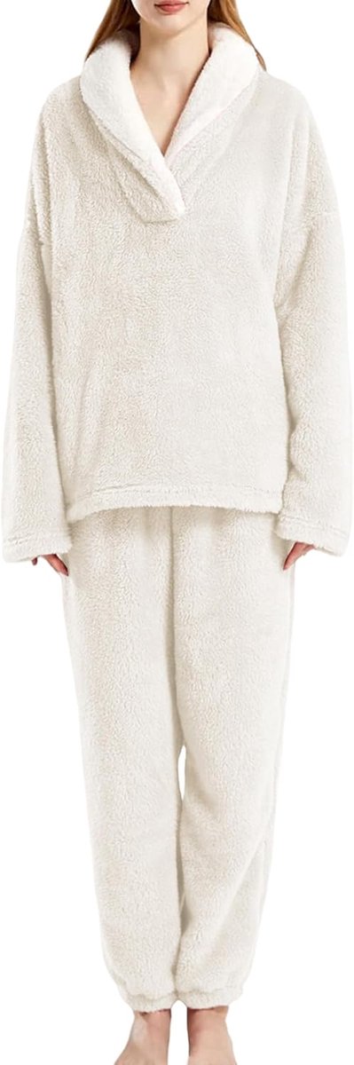 Pyjama voor dames, pluche, lange pyjamaset, winter, warm, wollig, huispak, knuffelige pyjama, voor vrouwen, winter, slaapkleding, EU XS-XL