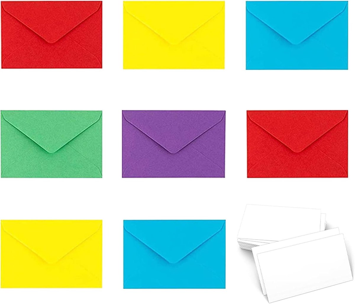 Enveloppen, mini-enveloppen, enveloppen voor wenskaarten, kleine enveloppen, kleurrijke enveloppen, geschikt voor bruiloften, verjaardagen, 50 stuks (5 kleuren), met 50 witte kaarten