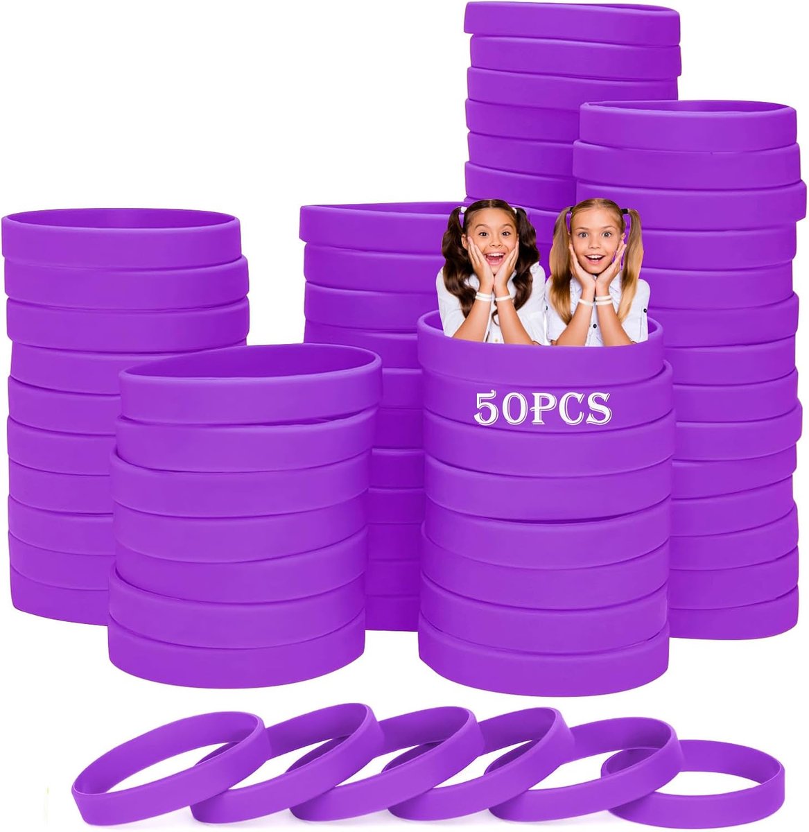 Polsbandjes, 50 stuks rubberen polsbandjes, blanco polsbandjes, universele polsbandset voor kinderen, tieners, sport, geschikt voor 8-12 jaar, Siliconen