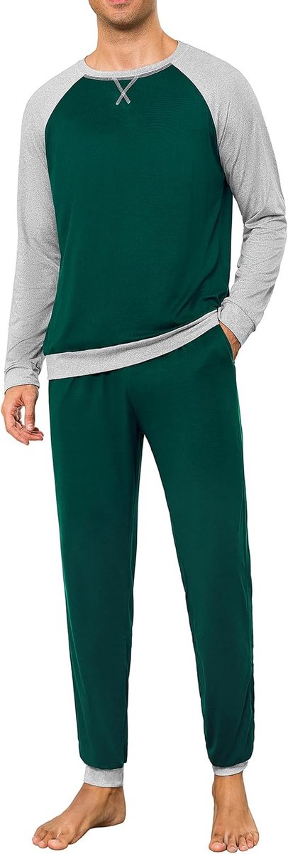 Pyjama voor heren, lang, met manchetten, contrasterende kleuren, katoenen pyjamaset, lange mouwen, nachtkleding, S-4XL