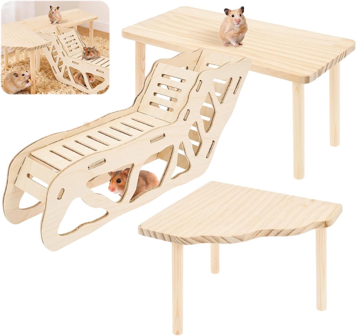 3-delig hamsterspeelplatform van natuurlijk hout met helling, tunnel, schuilplaats voor kleine huisdieren, hamsterkooi-accessoires voor cavia's