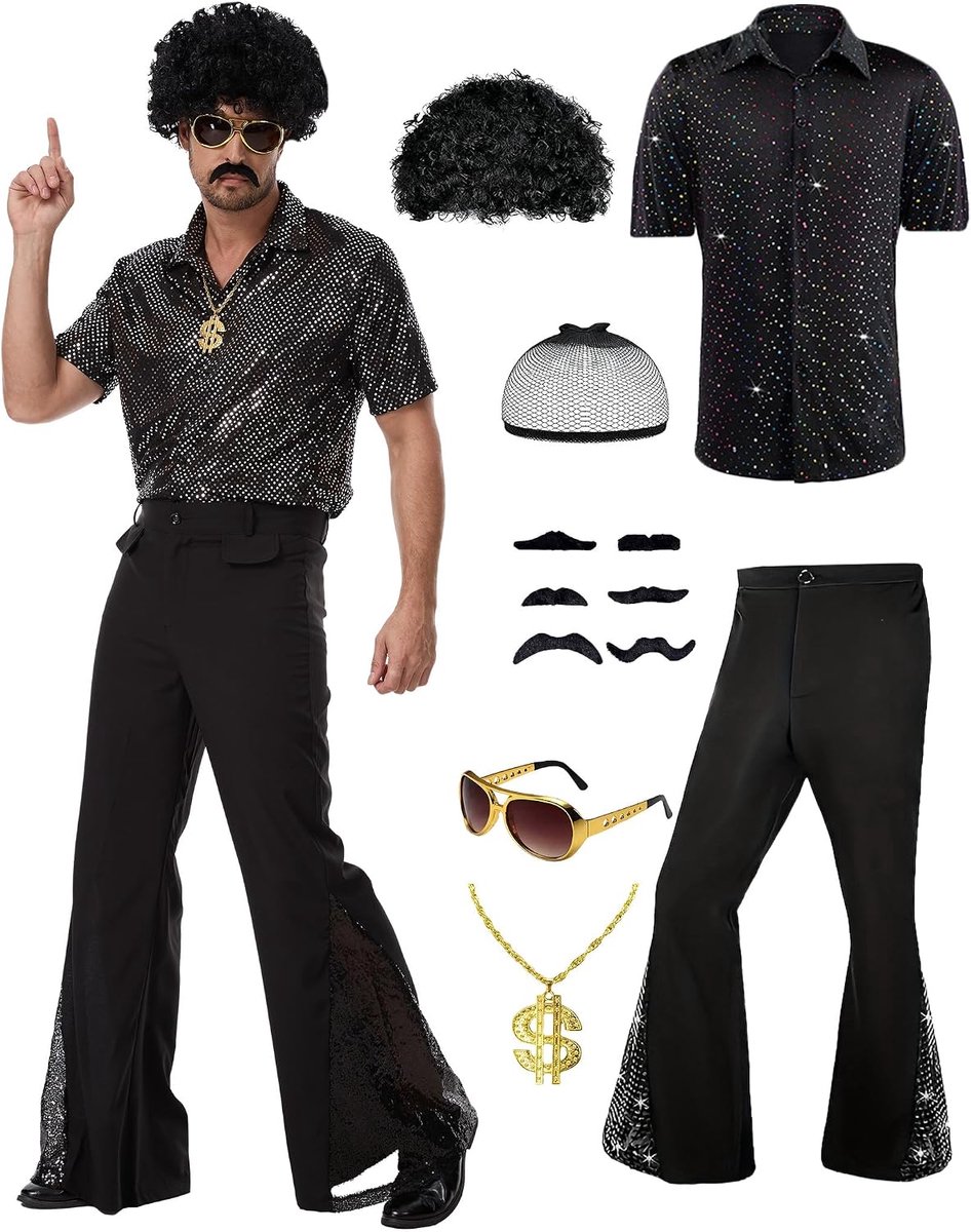 Disco-kostuumset voor heren, jaren 70, gouden paillettenshirt en zwarte uitlopende broek met dollarketting, zonnebril, afro-pruik en snor, retro jaren 70-outfit voor heren