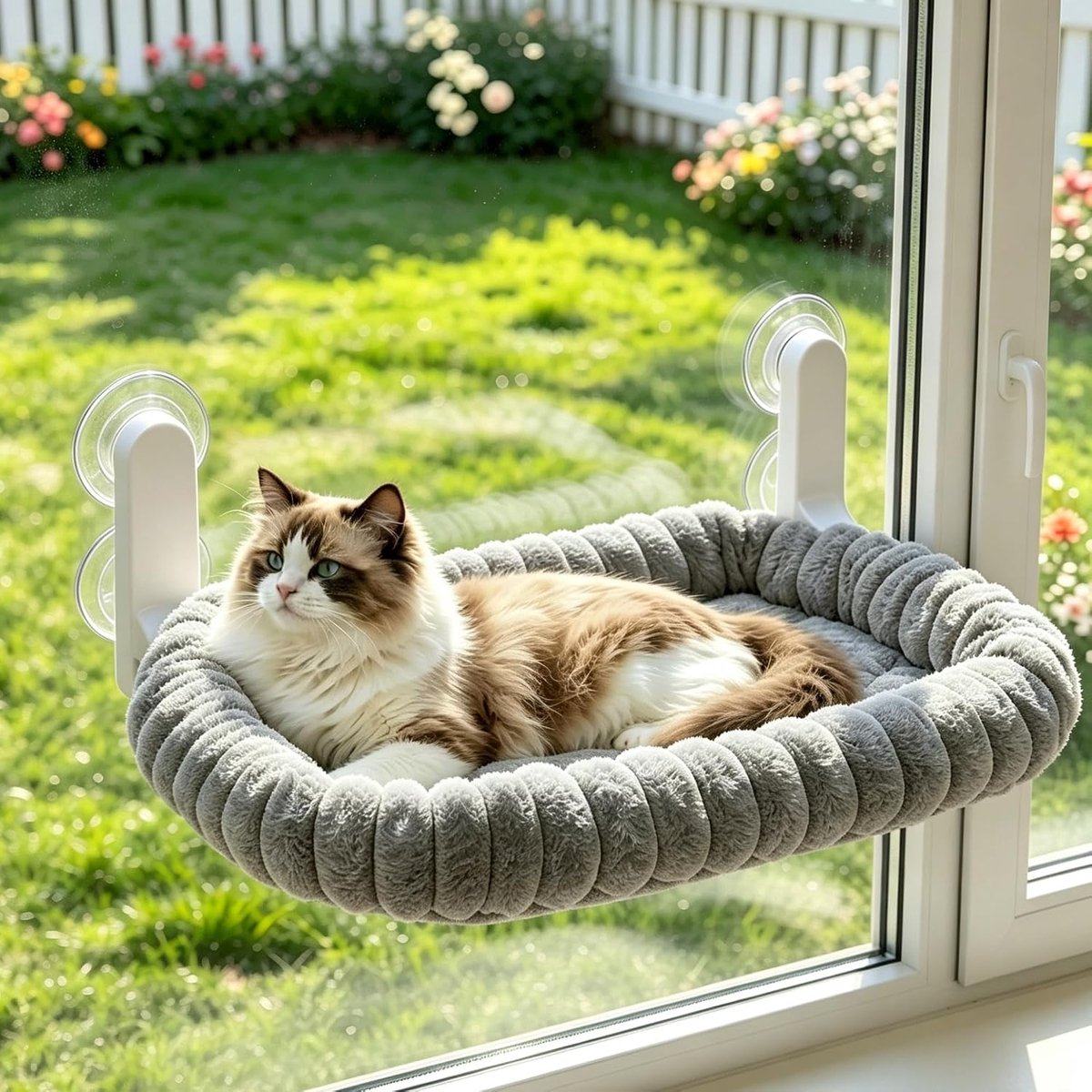 Opvouwbaar, met 4 zuignappen, zachte knuffelligstoel en ademende netzijde, extra groot 55 x 40 cm, robuust stalen frame, veilige zuignapbevestiging voor katten tot 20 kg (grijs)