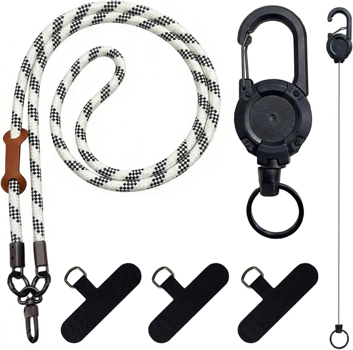 telefoonhouder met stalen kabel, intrekbare telefoonhouder met riemclip, telefoon-lanyard Wit-Dominante Strepen, voor reizen, wandelen, werk & muziekfestivals