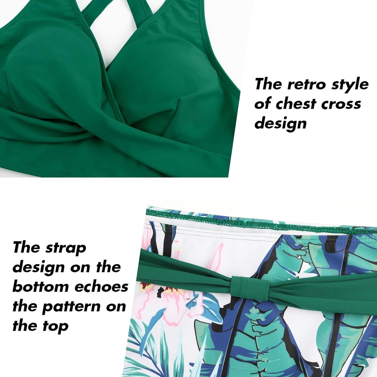 Tweedelige damesbadpakken, bikini met gekruiste top, hoog getailleerde bodem, badpakken voor buikversteviging, badmode met vintage motief