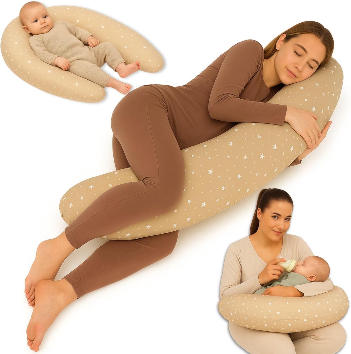 Zwangerschapskussen 190 cm Kussen – body pillow voor zwangeren steun rug buik hoes van katoen wasbaar afneembaar ergonomisch – OEKO-TEX gecertificeerd Beige met witte sterren