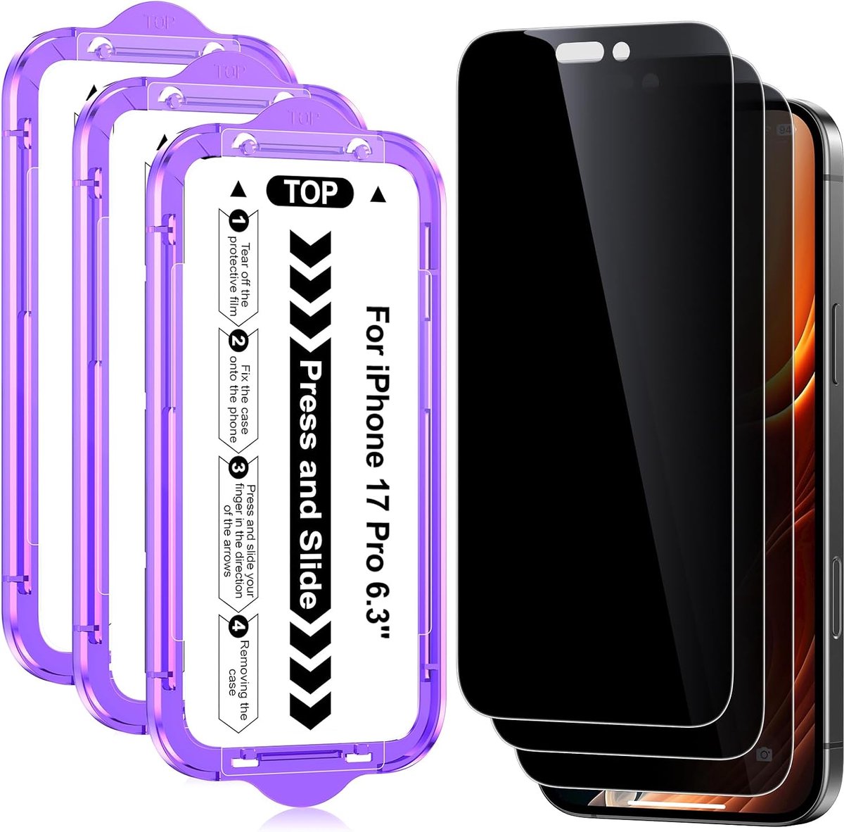 Glass Screen Protector voor iPhone 17 Pro 6,3-Inch, Anti-Gluren Gehard Glas Film Schermbeschermer met Auto-uitlijning Eenvoudige Installatietool, 3-Stuks