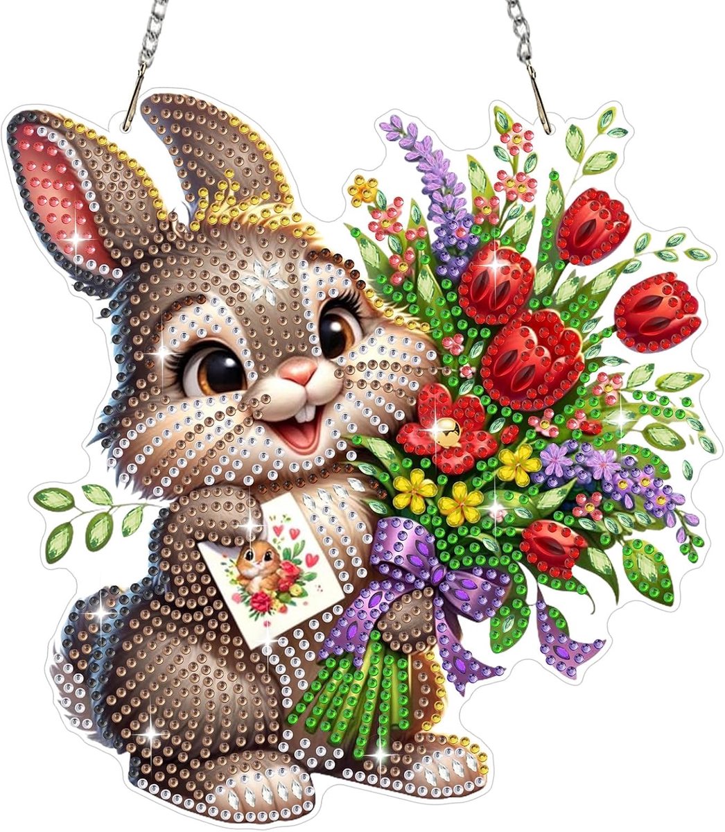 Pasen Diamantschilderij, hangend ornament met ketting, paastrein, dier, diamantschilderij, hangerkits voor volwassenen, beginners, kinderen, diamantkristal, edelstenen, knutselset, cadeau
