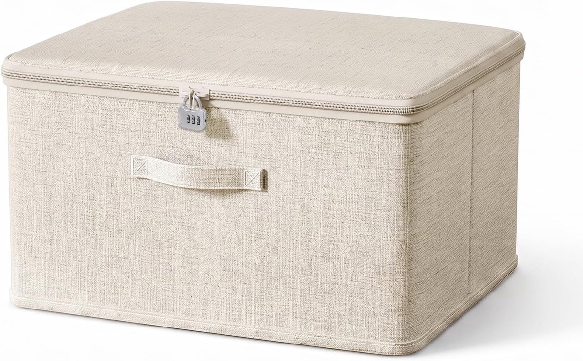 Opbergdoos met slot, Afsluitbare doos, opbergdoos met stoffen deksel, doos met cijferslot, afsluitbare doos voor kleding, speelgoed (beige, 40×30×21cm)