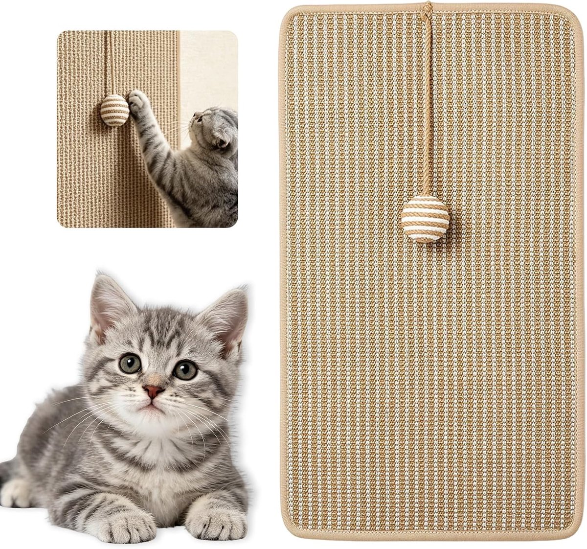 Krabmat voor katten, 60 x 30 cm, grote sisal krabplank voor katten, kattenkrabmat met speelbal, geschikt voor bankmeubeldeuren om kattenkrassen te voorkomen en tapijten en muren te beschermen (60 x 30